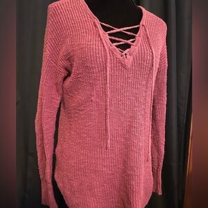 American Eagle Outfitters V-Neck Lace-Up Sweater - Burgundy